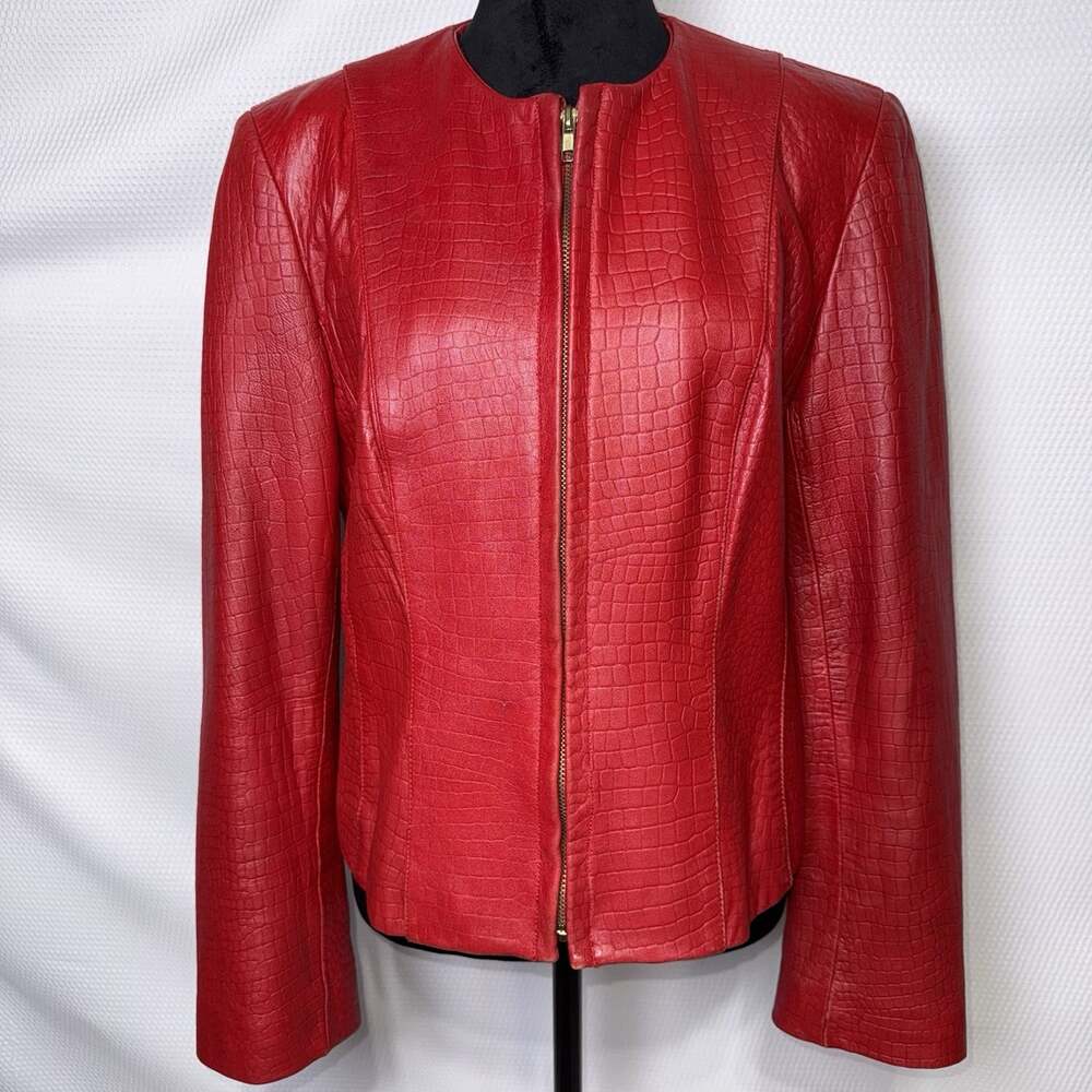 Vintage AK Anne Klein Red Genuine Leather Croc Embossed Jacket Women’s Size 12